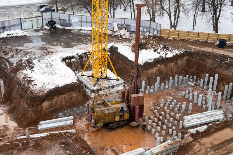 construction site foundation preparation underway large excavated pit contains several concrete piles aligned rows 392609733 (1)